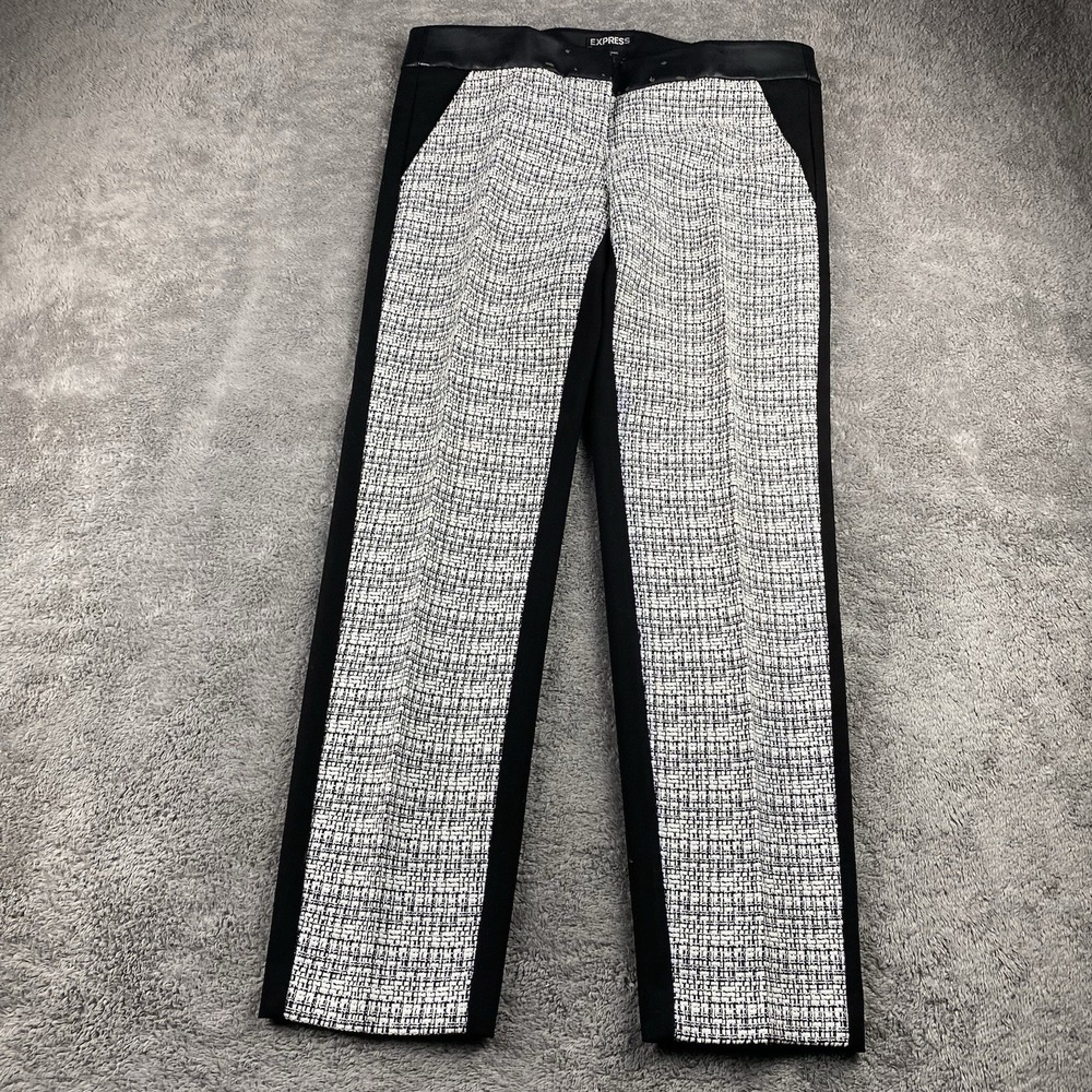 Express Columnist Tweed Pants Womens 6R Black White Faux Leather Mid Rise